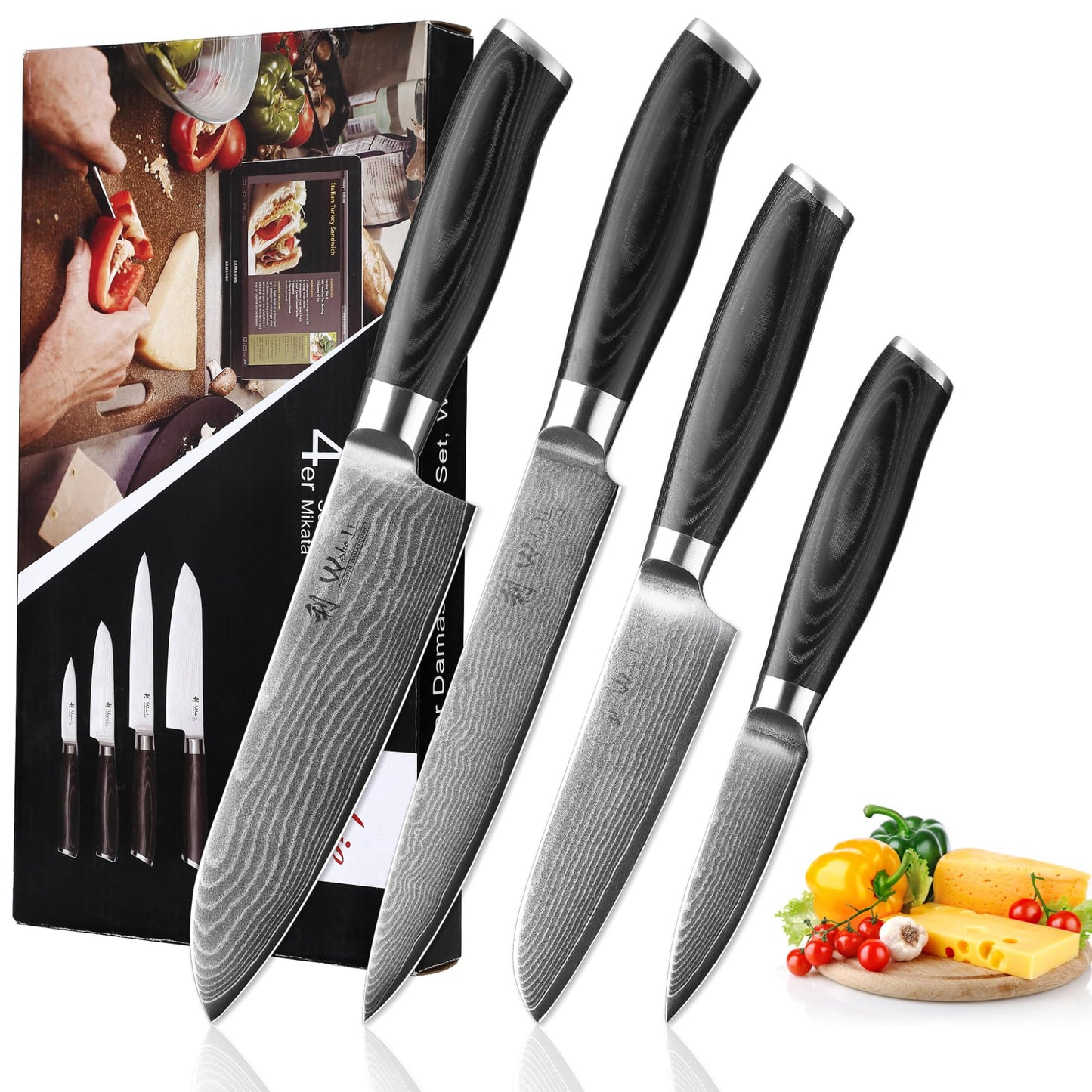 Wakoli Mikata Kitchen Knife Set, 4-Pcs VG10 Damascus Steel, Micarta Handles