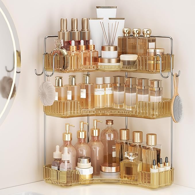 Golden 3-Tier Corner Bathroom Organizer, Countertop Storage Shelf with Hooks | Makeup & Skincare Organizer for Bathroom Sink and Vanity Counter