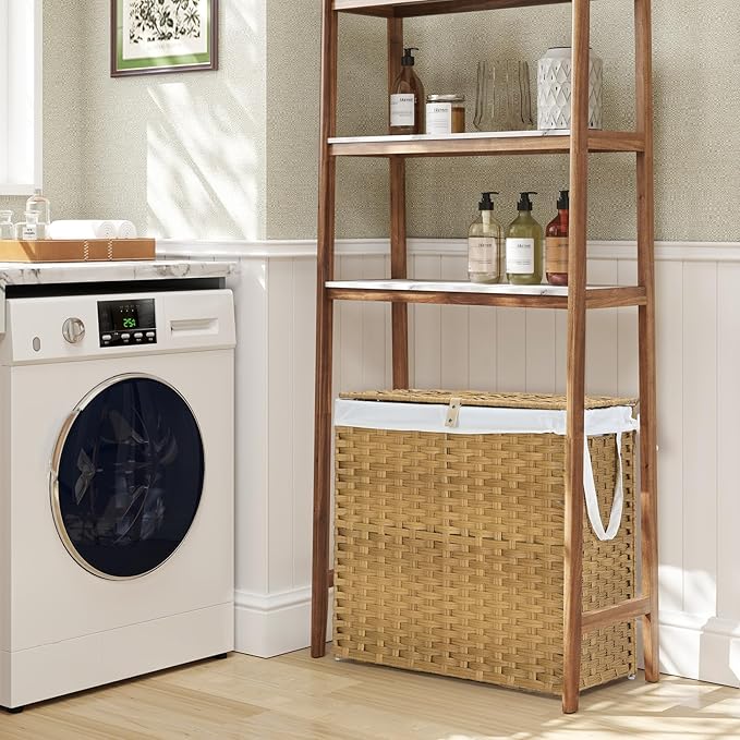 DUMOS Wicker Laundry Basket with Lid, 29.6 Gallon (112L) Woven Laundry Hamper with Handles, Foldable Rattan Clothes Hamper with Removable Liner & Sturdy Steel Frame, Goose Yellow