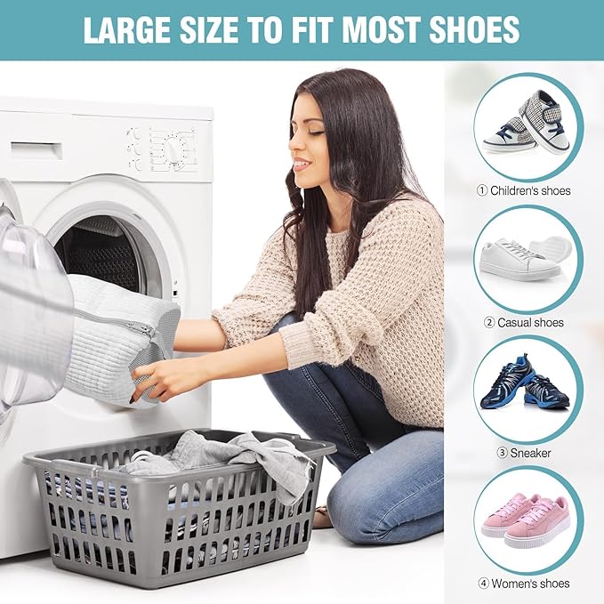 Shoe Washing Machine Bag, Shoe Laundry Bag for Washer and Dryer, Include Dry Net Bag, Reusable and Durable Zipper with Hook Design, Shoe Washing Bag for Sneaker (White, 2 Pack)