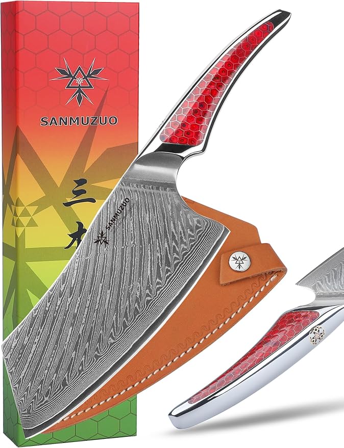SANMUZUO 8 inch Chef Knife, Japanese VG-10 Damascus Steel Kitchen Knife, Ultra Sharp Cooking Knife with Full-tang Handle in Red Resin, LA-S9 Series