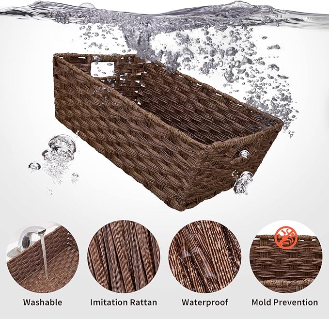 Large Wicker Storage Basket, Metal Frame, Set of 2, Washable Waterproof, 15" x 10.3" x 5.2", Brown Color, Woven Basket for Pantry, Toilet, Bathroom, Bedroom, Patio