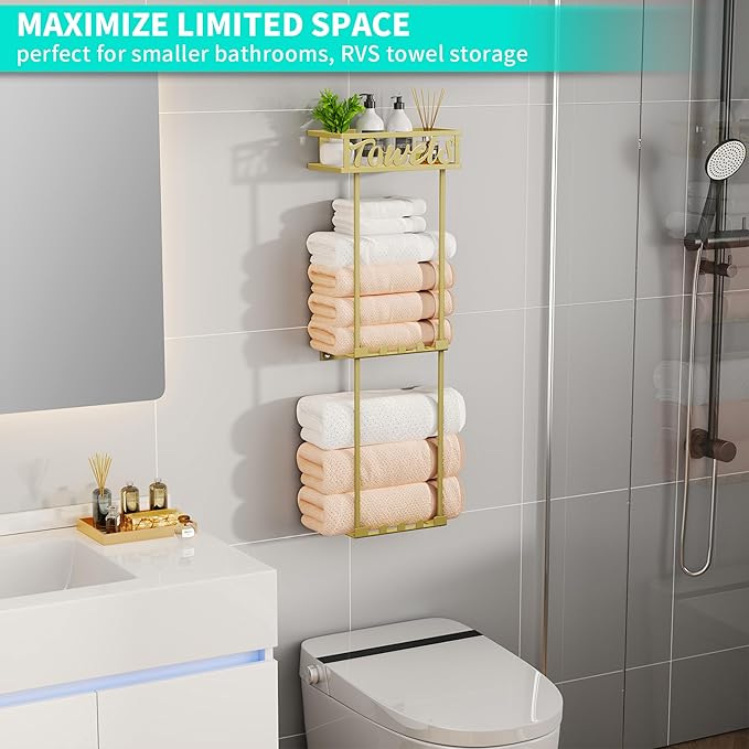HapiRm Towel Rack Bathroom Storage - 3 Tier Over The Door & Wall Mounted Rolled Towel Racks Holder Organizer with Metal Shelf and 6 Hooks for Small Bathroom, Camper, Rv - Gold
