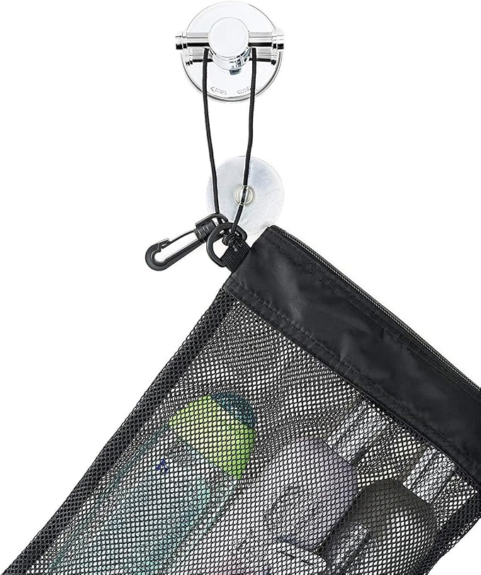 Shower Bag Tote, Mesh Caddy Toiletry Organizer 12”L x 9”W, Compact and Lightweight With Suction Cup, Cord for Hanging, Zipper and Drawstring Pouch 14”L x 10”W, Black
