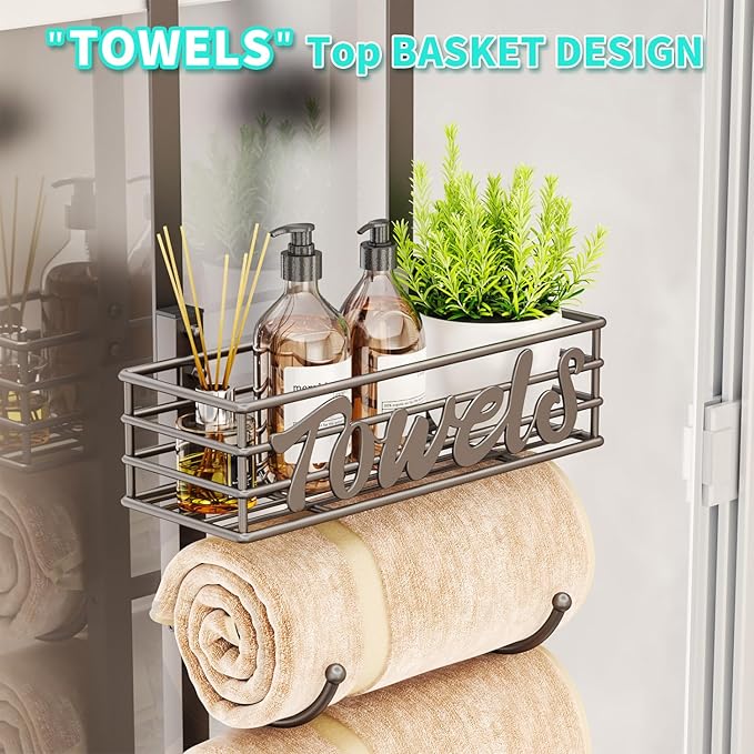 HapiRm Towel Racks for Bathroom Storage - 6 Tier Over The Door & Wall Mount Rolled Towel Storage Organizer Holder with Metal Shelf Basket for Small Bathroom, Camper, Rv - Patented