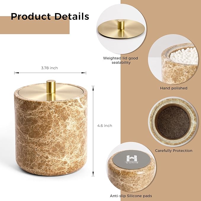 WORHE Marble Qtip Holder with Brass Lid for Cotton Swabs,Balls,Pads,Floss Picks Large Capacity Marble Apothecary Jar for Bathroom Essentials Decor, Vanity Makeup Storage Organizer Light Brown (WH080)