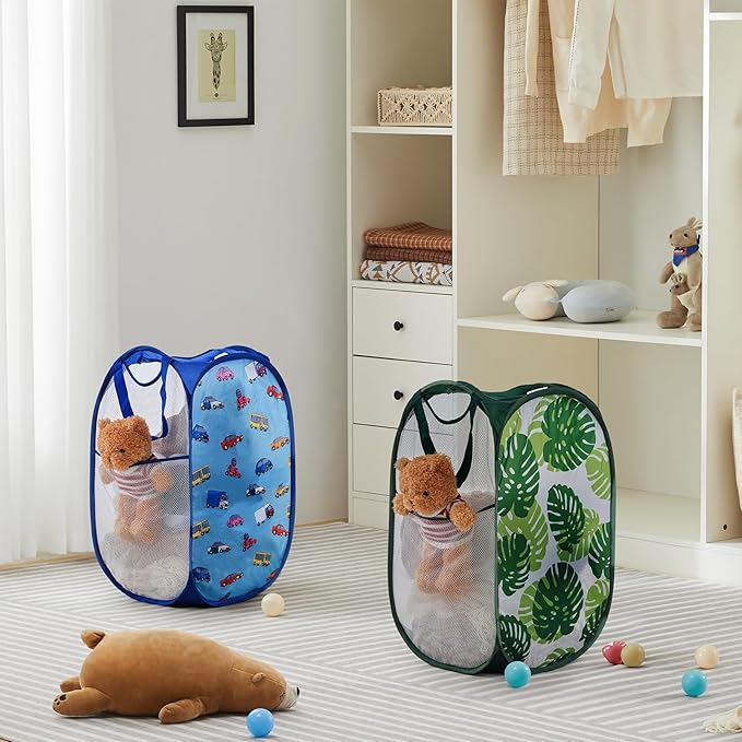 TECHMILLY Collapsible Mesh Pop Up Laundry Hamper with Sturdy Handles and Side Pocket - Portable Foldable Clothes Baskets for Dorm, Bathroom & Travel Storage (Green Leaf)
