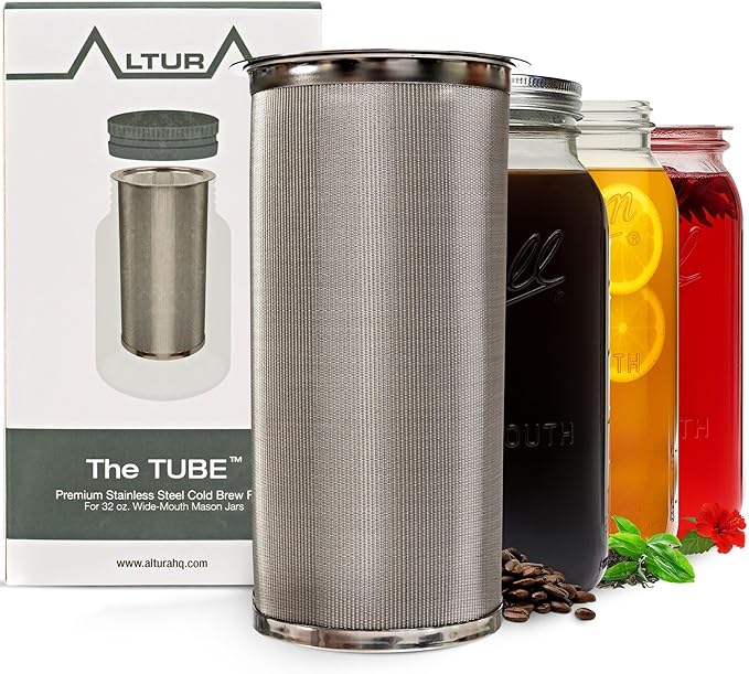 Altura The TUBE+ Cold Brew Coffee Maker and Tea Infuser for Wide Mouth Mason Jars - Stainless Steel Cold Brew Filter Strainer for Iced Coffee, Fruit Water & More - (64oz/2qt)