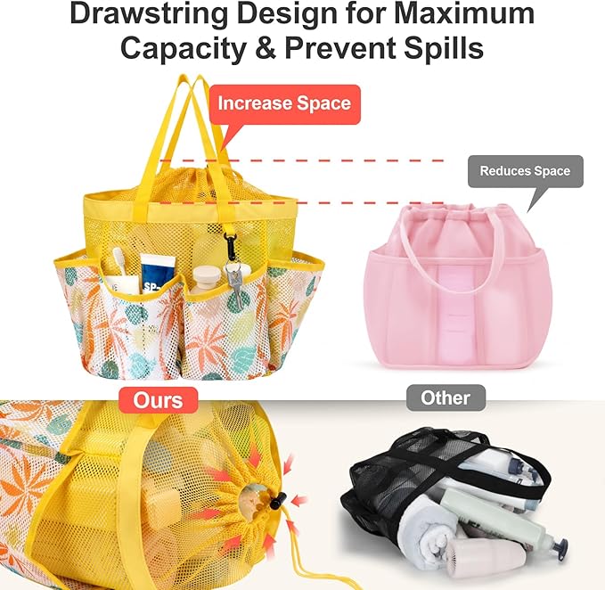 F-color Mesh Shower Caddy Portable with Drawstring - Large 8 Pockets Dorm Room Essentials for Guys Girls with S Hook, Shower Bag Basket Tote for College Camping Gym Travel Bathroom, Yellow Beach