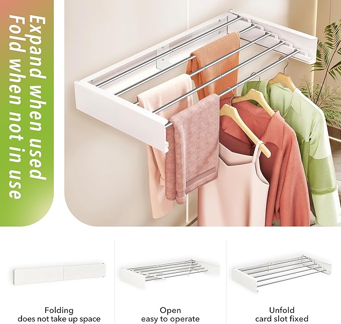 Wall Mounted Drying Rack,32 inches,Foldbale, Clothes Drying Rack,Laundry Drying Rack Wall Mount,Drying Rack Clothing Space Saver,Retractable,Collapsible,Folding Laundry Rack,White