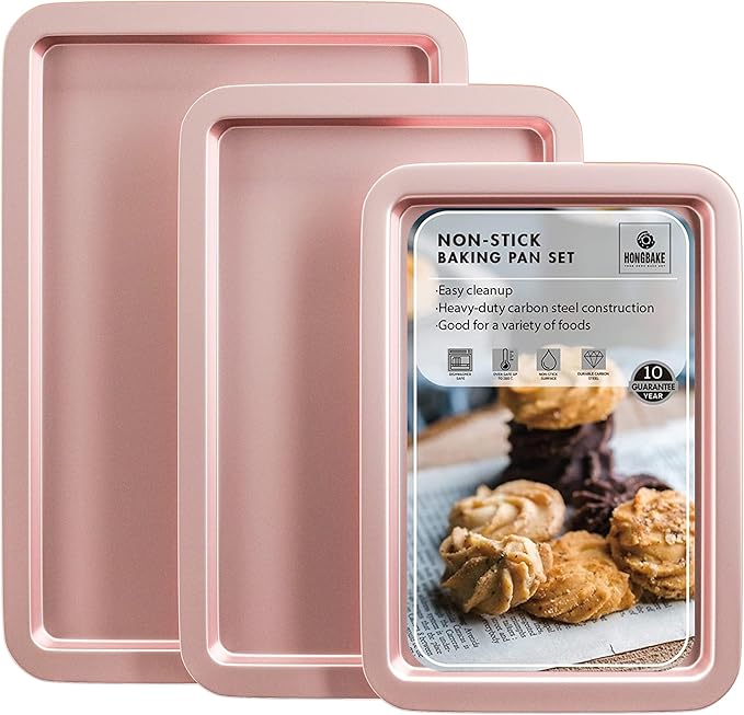 HONGBAKE Cookie Sheets, Baking Sheet Set, Nonstick Oven Pan with Wider Grips, 3 Pack Half/Jelly Roll/Quarter Baking Tray, Premium & Dishwasher Safe