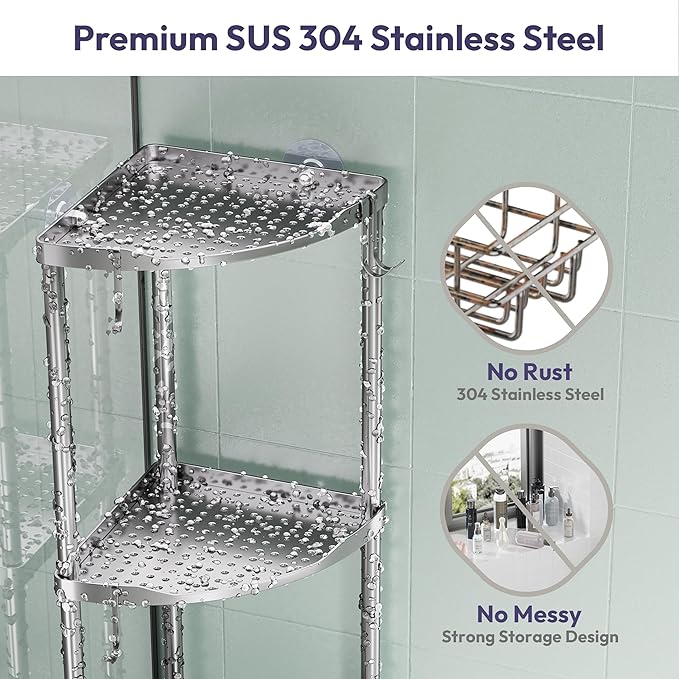 SWTYMIKI Corner Shower Caddy Standing - 3 Tier Stainless Steel Shower Organizer Stand, Large Capacity Floor Shelf with 4 Hooks, Rustproof Bathroom Storage Rack,Silver