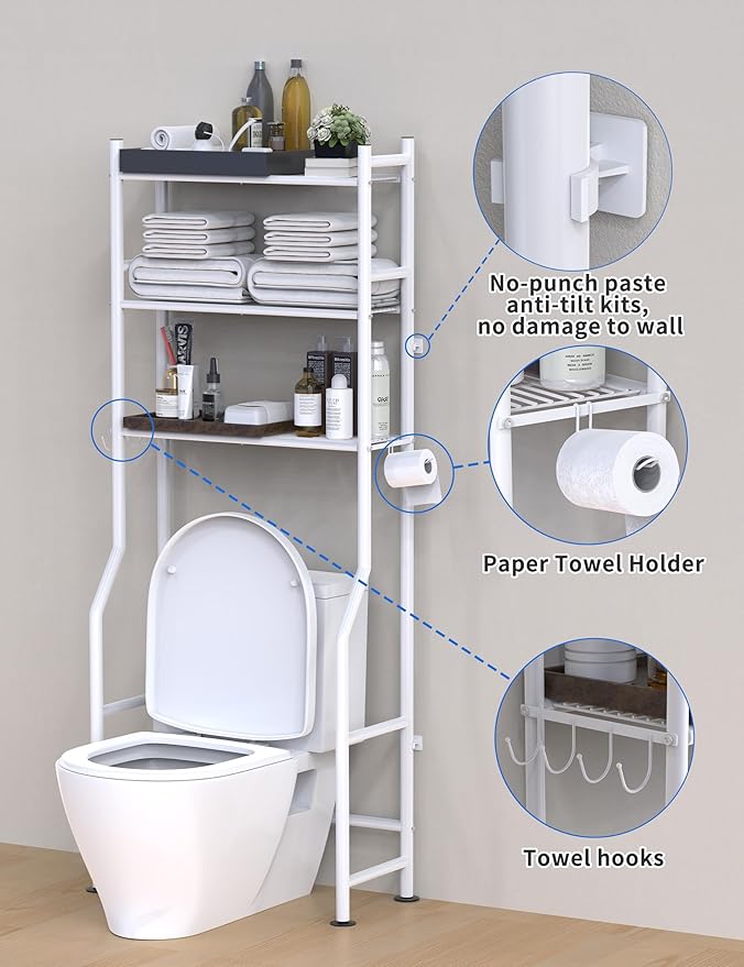 3-Tier Over The Toilet Storage, Freestanding Metal Bathroom Shelves with 4 Hooks, Over Toilet Storage Shelf with Paper Holder, Above The Toilet Shelf for Bathroom Storage, White