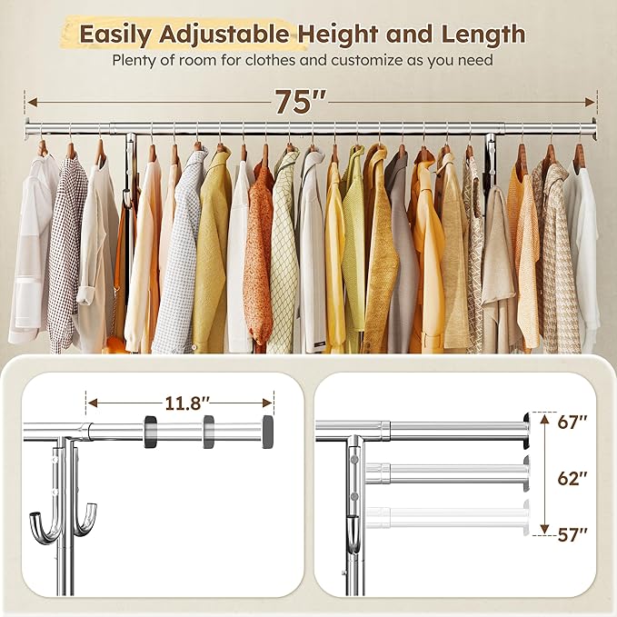 Raybee Heavy Duty Clothes Rack 75" Extra Wide, 450 LBS Clothing Rack with 4 Hooks, Lockable Wheels, Metal Garment Rack for Bedroom, Laundry Room, Commercial