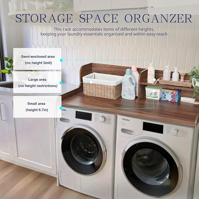 DTK Washer Dryer Wood Countertop with Shelf, Laundry Topper with Non-Slip Mat,27.55" Depth x 54" Width Dryer Covers for The Top with Edge Rails (Dark Walnut)