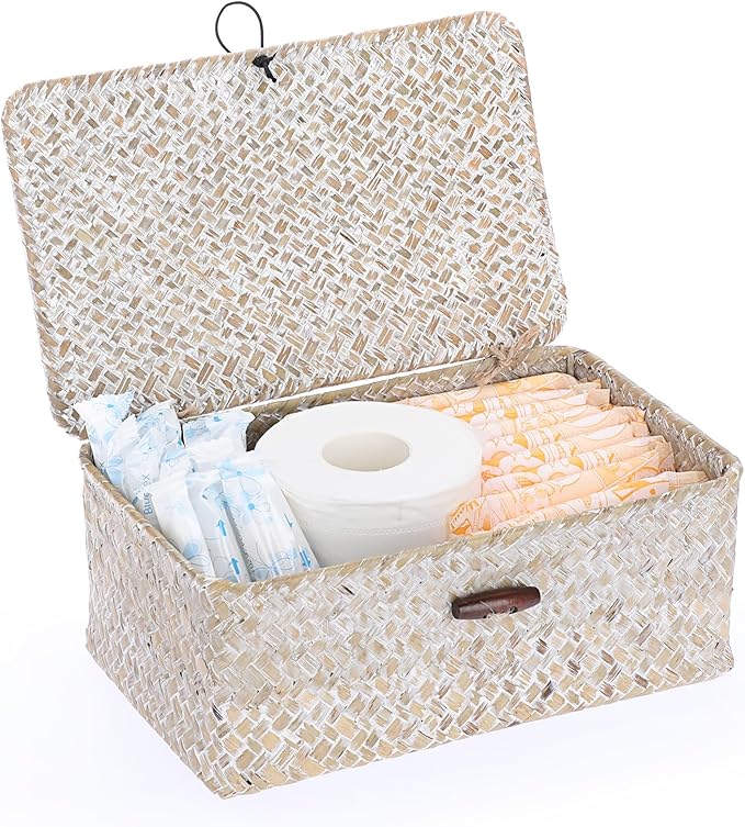 Sumnacon Small Wicker Basket with Lid Rectangle Woven Baskets for Toiletries Tampon Storage,Wicker Storage Basket with Lid,Decorative Seagrass Storage Baskets for Shelf Bathroom Toilet Table,Whitewash