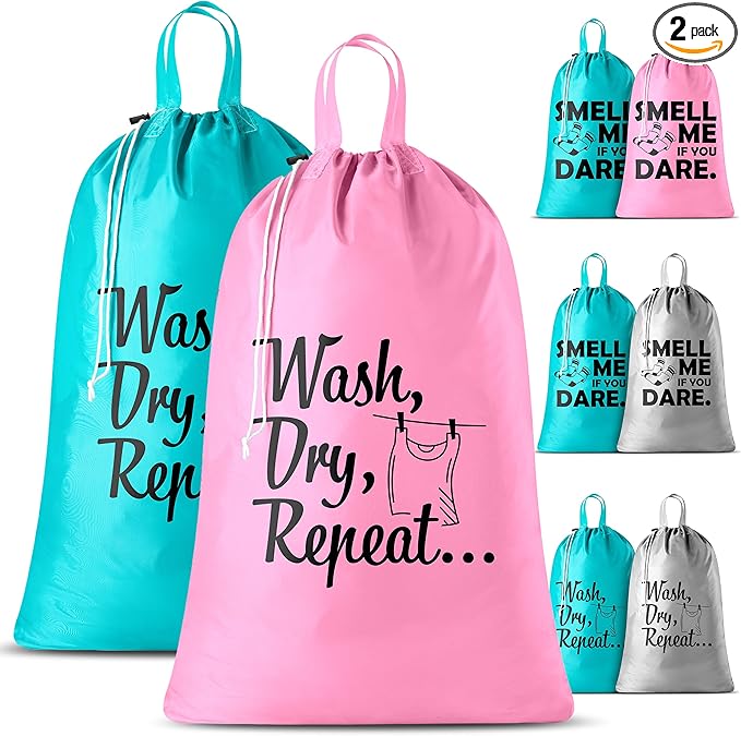 Extra Large Travel Laundry Bag - 2-Pack Fun Print Design Bags for Dirty Clothes - Durable Water-Resistant Fabric - Sturdy Drawstring Closure (Pink-Teal | Wash Dry Repeat)