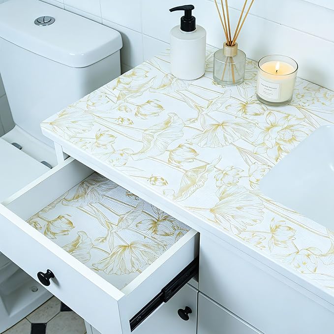 Shelf Liners Non Adhesive Light Base Gold Lotus Pattern - Thickened Non-Slip Easy to Clean Drawer Liner for Kitchen Cabinets, Tool Box, Refrigerator, with Knife & Tape Measure, 12in x 20FT