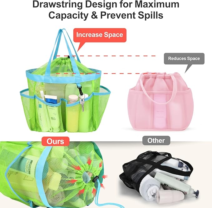 F-color Mesh Shower Caddy Portable with Drawstring - Large 8 Pockets Dorm Room Essentials for Guys Girls with S Hook, Shower Bag Basket Tote for College Camping Gym Travel Toiletry Bathroom, Green