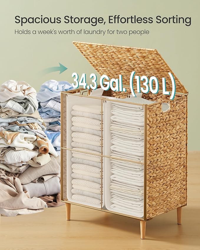 SONGMICS Laundry Hamper 2 Sections, 34.3 Gal. (130 L) Handwoven Water Hyacinth Wicker Laundry Basket with Lid, Natural Material, Removable Machine Washable Liners, Handles, Natural ULCB202Y01