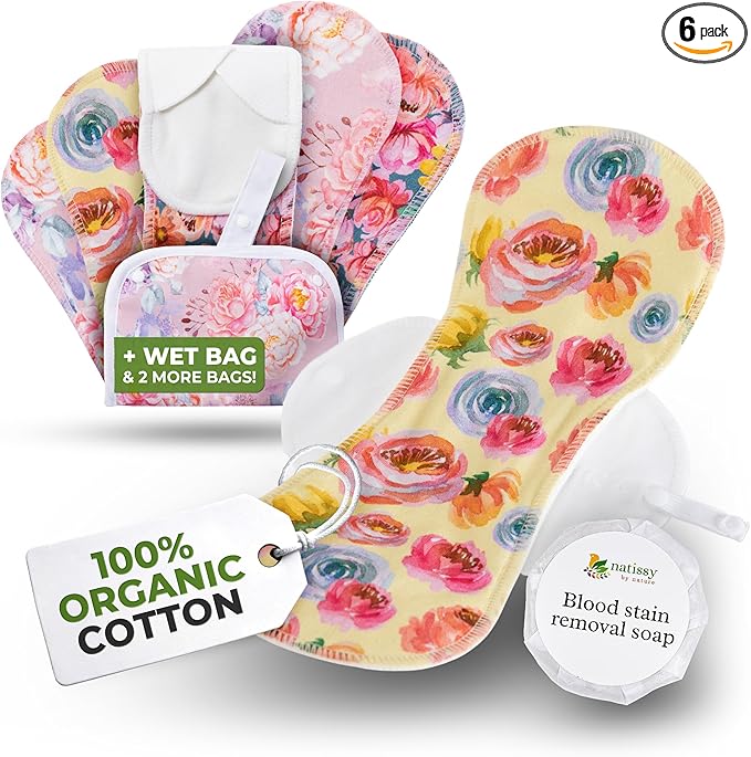 Organic Cotton EcoComfort Reusable Period Pads for Heavy Flow & Incontinence (L+XL, 6-Pack); High-Temp Washable Cloth Pads for Women; Non-Irritating, Soft Reusable Pads Menstrual for Comfortable Care