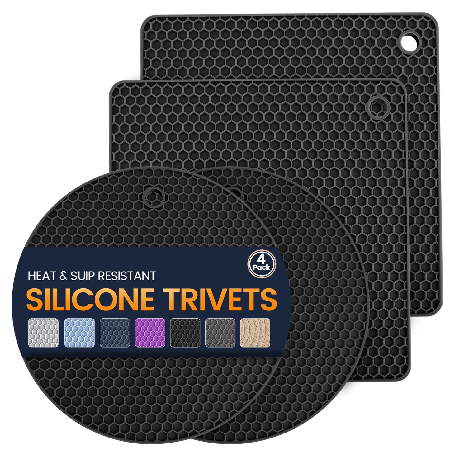 Silicone Trivet Mats 4 Heat Resistant Pot Holders Multipurpose Non-Slip Hot Pads for Kitchen Potholders, Drying mat, Jar Opener, Spoon Holder, Coaster.(Dark Black)