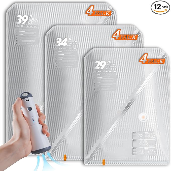 Vacbird Vacuum Seal Bags for Clothing with Rechargeable Cordless Pump, 12 Pack Compression Packing Bags, Space Saver Storage for Seasonal Clothes Bedding Blanket Pillows Comforters Luggage Travel