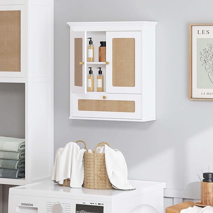 Spirich Bathroom Wall Cabinet Over Toilet, Boho Rattan Medicine Cabinet with Adjustable Shelf, Space-Saving Wall Mount Storage