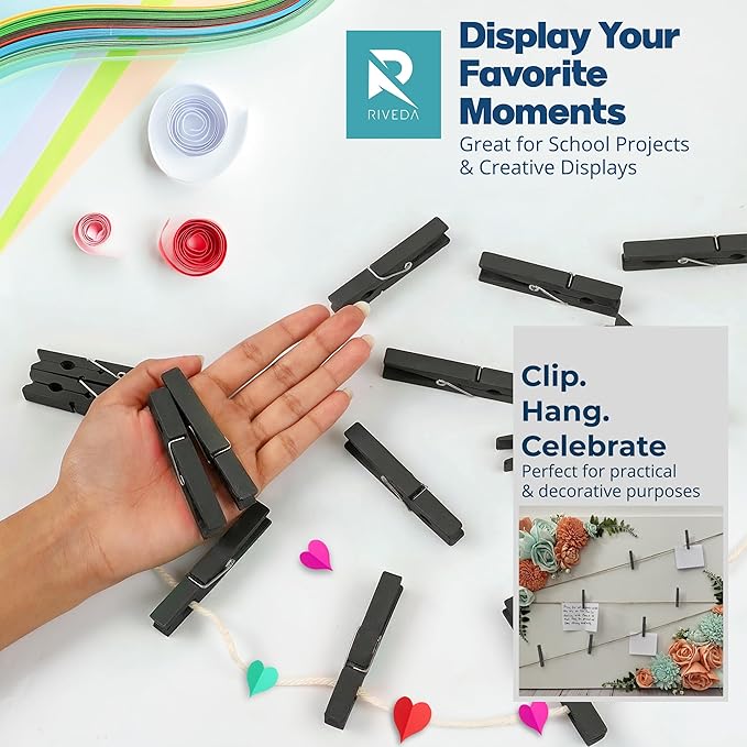 RIVEDA 50pcs Colored Wooden Clothes Pins, 2.9inch, Clothespins for Classroom, Clip Hanging Photos, DIY Clips for Crafts, Decorations (Black)