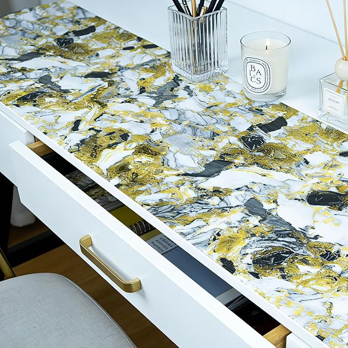 Drawer and Shelf Liner - Yellow Black Marble Pattern,Non Adhesive Non Slip Waterproof Easy-Clean Liner for Kitchen Cabinet, Refrigerator, Bathroom, Pantry Storage Drawers, 17 in x 20 Ft