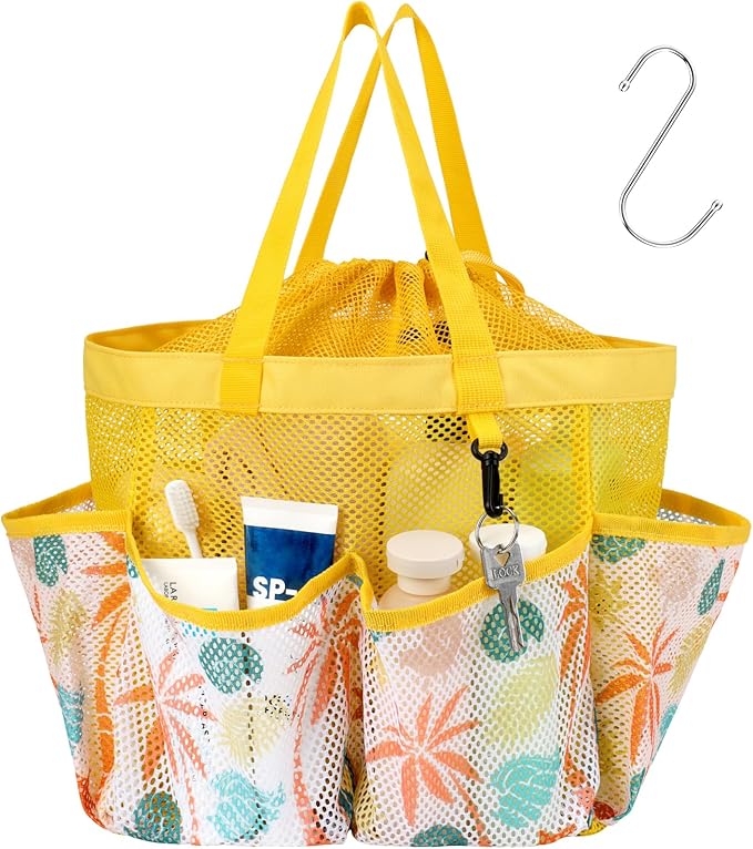F-color Mesh Shower Caddy Portable with Drawstring - Large 8 Pockets Dorm Room Essentials for Guys Girls with S Hook, Shower Bag Basket Tote for College Camping Gym Travel Bathroom, Yellow Beach