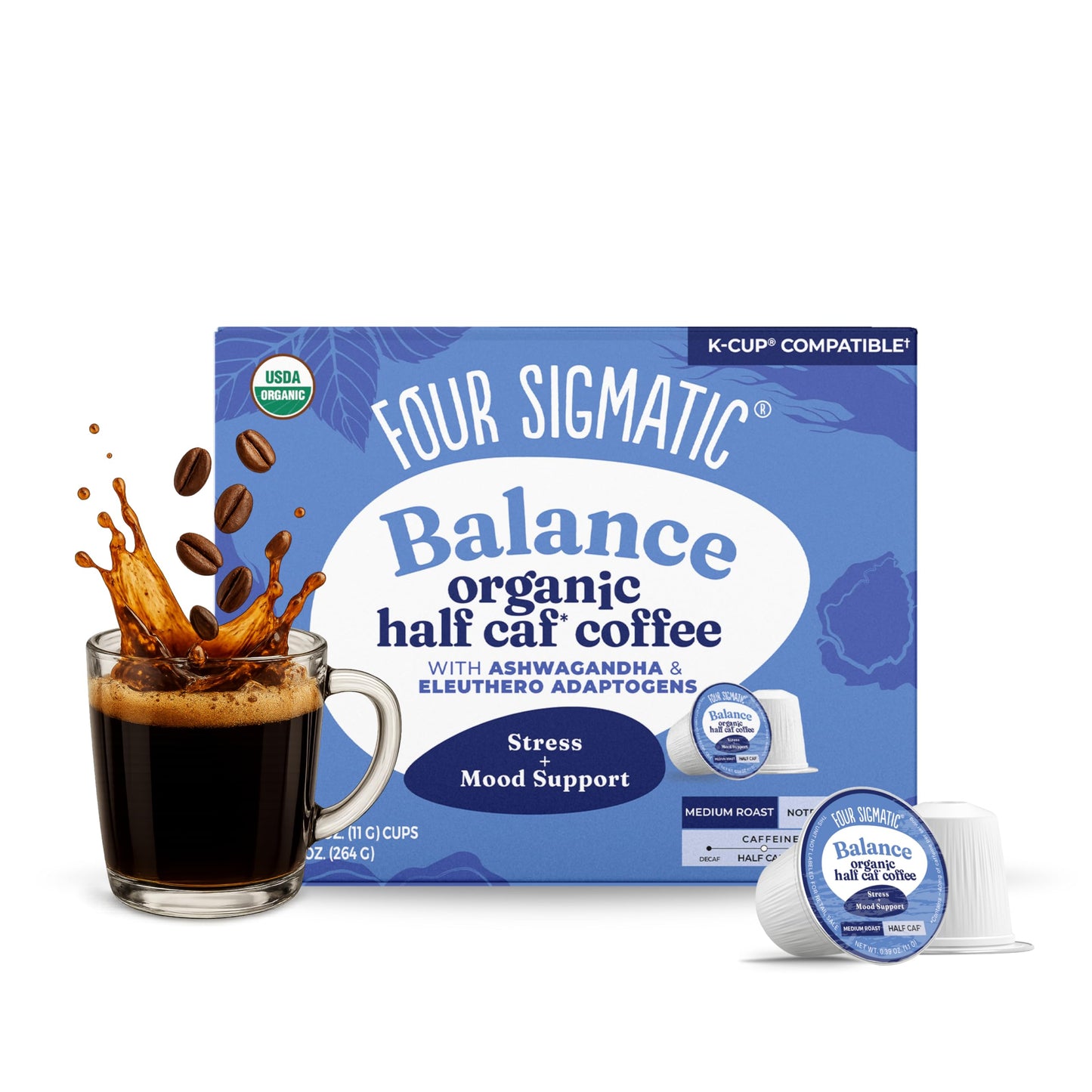 Four Sigmatic Adaptogen Coffee K-Cups | Organic Medium Roast Ground Coffee with Ashwagandha, Eleuthero, Chaga & Tulsi | Immune Support & Stress Relief | Keto | 24 Count