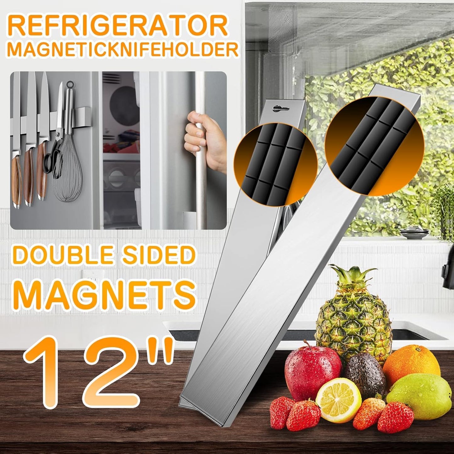 Ninonly 20 Inch Magnetic Knife Holder for Refrigerator, Stainless Steel Double Sided Magnet Knife Strip for Wall, No Drilling Magnetic Knife Rack with Powerful Magnetic Pull Force Fridge Applicable