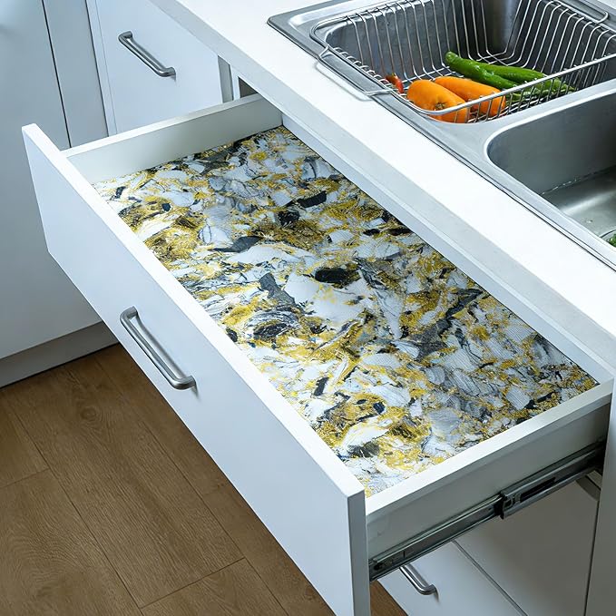 Drawer and Shelf Liner - Yellow Black Marble Pattern,Non Adhesive Non Slip Waterproof Easy-Clean Liner for Kitchen Cabinet, Refrigerator, Bathroom, Pantry Storage Drawers, 17 in x 30 Ft