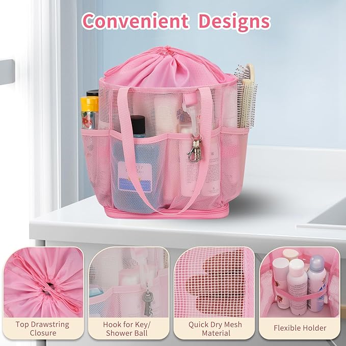 Shower Caddy Portable for College Dorm Room Essentials, Hanging Shower Caddy with Hook and Drawstring, Quick Dry Mesh Shower Bag with 6 Pockets for Bathroom, Swimming, Gym, Camping, Beach, Travel