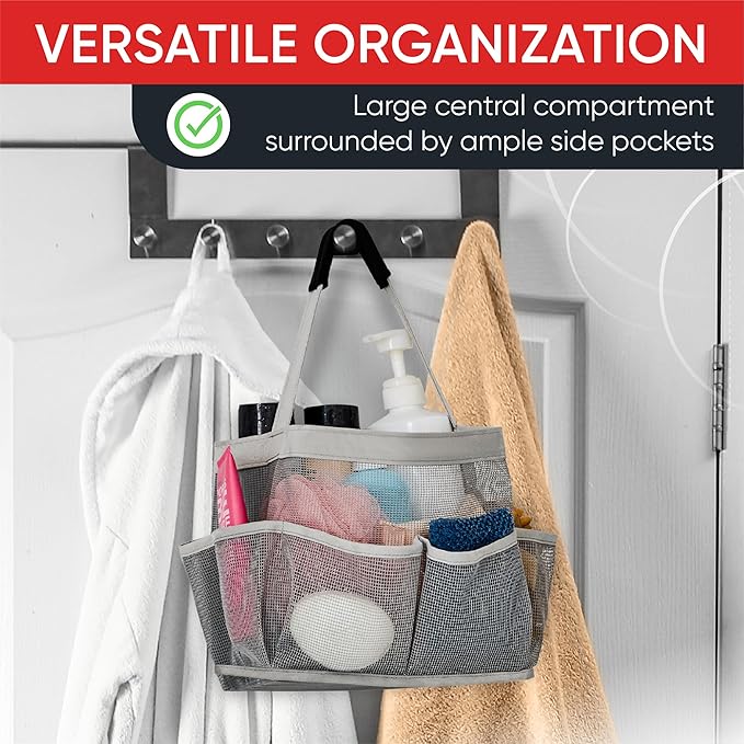 Masirs Mesh Shower Caddy - 9 Pocket Portable Bathroom Organizer Tote for Travel, Gym & Dorm - Collapsible Small Shower Caddy Bag to Hold Toiletries & Essentials (Gray)