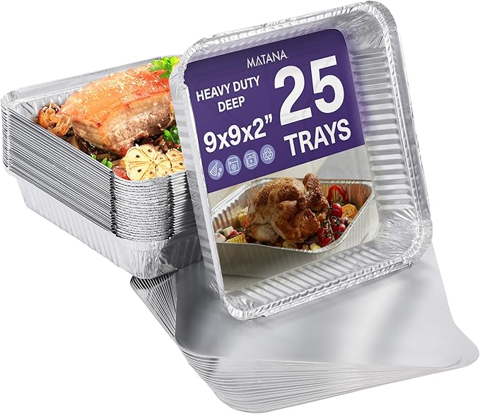 MATANA 25 Pack 9x9 Aluminum Pans with Lids - Disposable Foil Pans