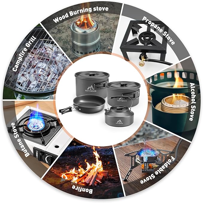 THTYBROS 27Pcs Camping Cookware Set for 4,Pots,Pan,Kettle,Tableware,Camping