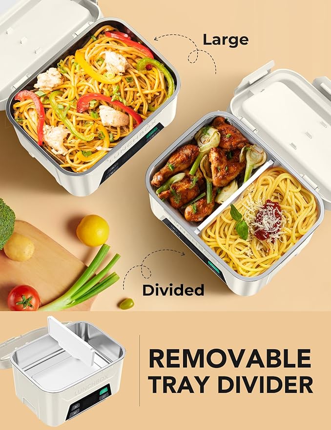 EAST OAK Cordless Electric Lunch Box for Adults, Heated Lunch Box Battery Powered with Automatic Heating, 5.5 Cups Portable Food Warmer with Removable Tray Divider