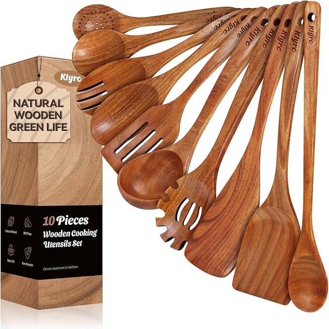 KLYRO 13 Pcs Wooden Cooking Utensil Set with Gift Box – Natural Wooden Spoons for Cooking & Serving, Nonstick Friendly, Perfect Housewarming & Holiday Gift
