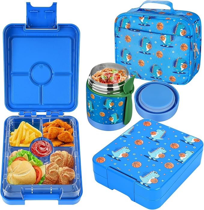 Bento Lunch Box Set for Kids with 10oz Soup Thermo, Leak-Proof Lunch Containers with 4 Compartment, Kids Thermo Hot Food Jar and Insulated Lunch Bag for Kid to School,BPA-Free(Dragon)