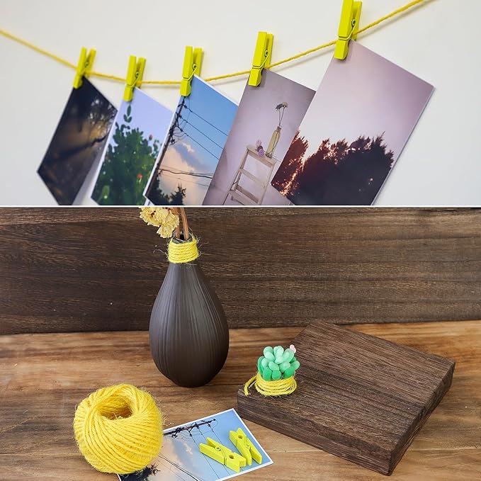 HSTECH 100 Pcs Yellow Mini Natural Wooden Clothespins and 82 Ft Jute Twine, Baby Clothes Pins, 1.38in Craft Photo Clips for Home School Arts Crafts Decor, DIY Decoration's, Arts and Crafts, Weddings