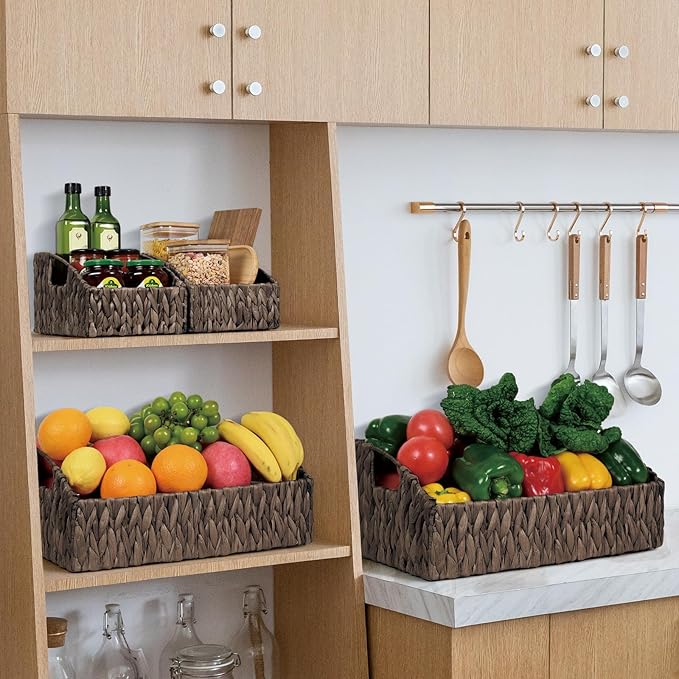 Ollieroo Rattan Storage Baskets, Handwoven Wicker Storage Bins with Built-in Handles, Storage Container Baskets for Shelves, Bedroom, Bathroom, Laundry Room or Kitchen(Black)