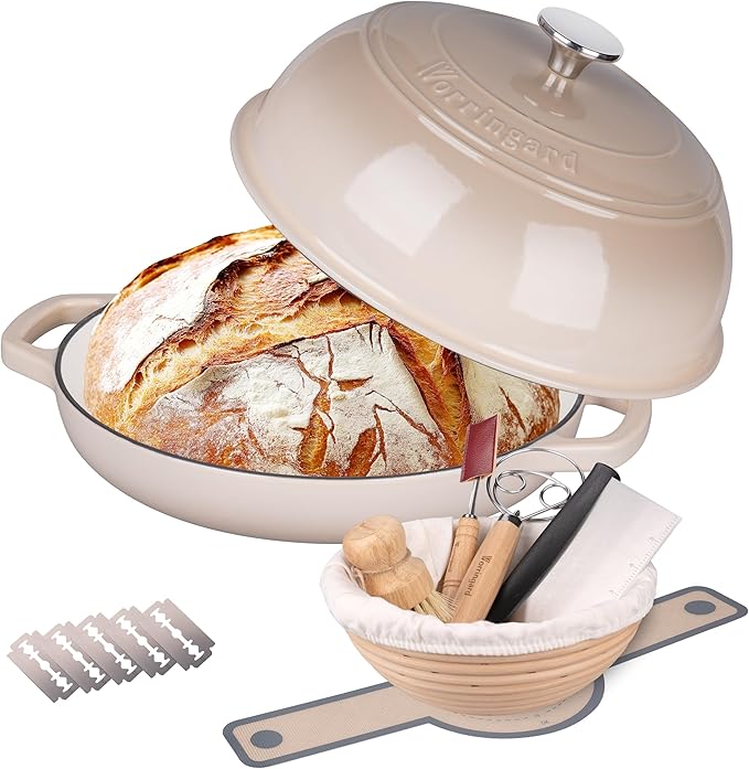VORRINGARD Enameled Cast Iron Dutch Oven Pot with Lid, Bread Oven for Sourdough Bread Baking, Dutch Ovens with Bread Proofing Basket& Baking Supplies Set, 6 Quart, Red