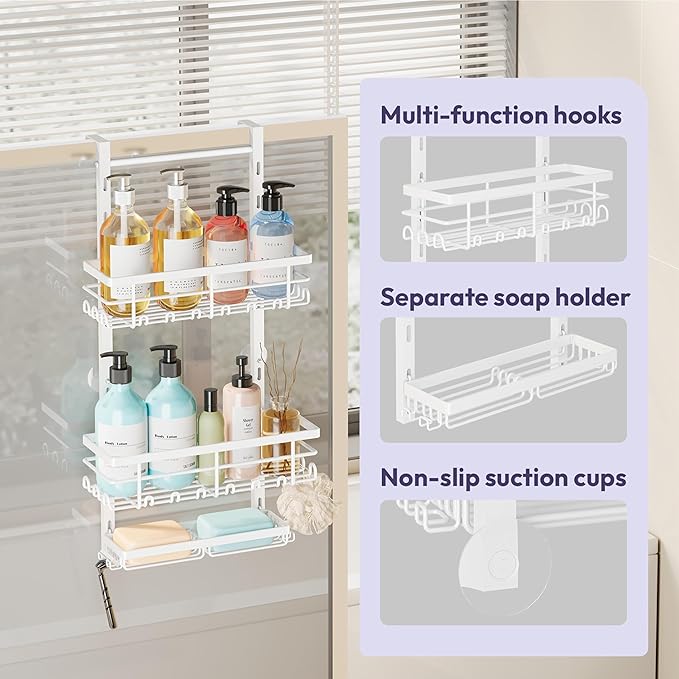 SWTYMIKI Over The Door Shower Caddy - 3 Tier Rustproof Hanging Shower Organizer with Adjustable Shelves, 28 Hooks & Soap Holder, Hanging Shower Rack Storage for Bathroom Accessories, White
