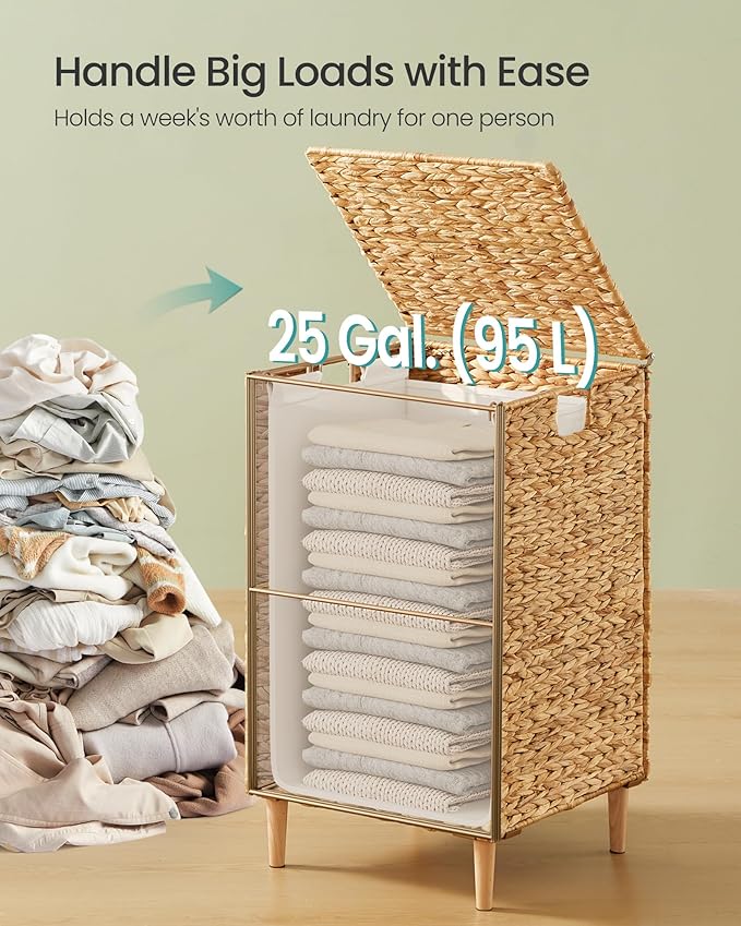 SONGMICS Laundry Hamper, 25 Gal. (95 L) Handwoven Water Hyacinth Wicker Laundry Basket with Lid, Natural Material, Removable Machine Washable Liner, Handles, Natural ULCB201Y01