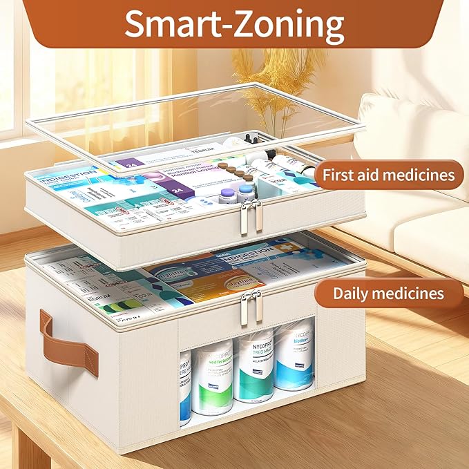Medicine Organizer for Cabinet, 2-Tier Foldable Medicine Storage Box with Clear Cover and Leather Handle, Empty First Aid Kit for Home and Travel