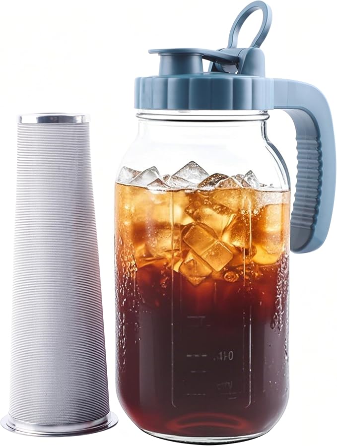 Mason Jar Pitcher With Stainless Steel Filter 64 OZ 2 Pack Wide Mouth Cold Brew Coffee Maker 2 Quart Glass water pitcher with lid Half Gallon Cold hot Tea maker For Lemonade Milk Juice Refrigerator