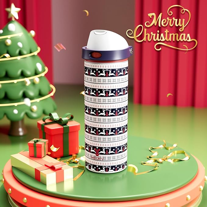 24 oz Christmas Insulated Water Bottle: Meoky Stainless Steel Water Bottle with 2-in-1 Straw Lid - Leak Proof, Cold for 24 Hours, Protective Silicone Base, Christmas Gifts for Women Men, Winter Joy