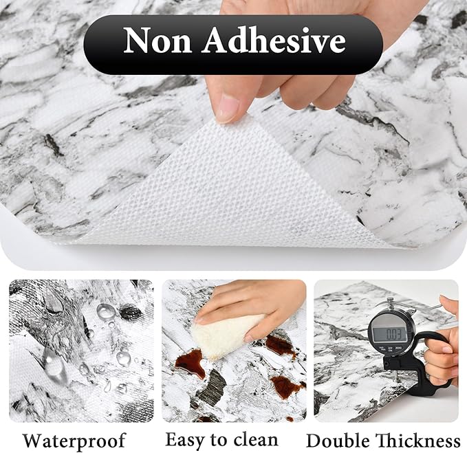 Drawer and Shelf Liner for Kitchen Cabinet: 17 in X 30 Ft Non Slip Waterproof Shelf Paper Non Adhesive Refrigerator Liners Grey and White Marble Easy Liners for Bathroom with Knife Tape Measure